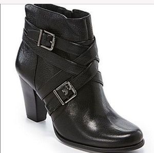 Nurture Jema Strappy Black Leather  Heeled Ankle Booties